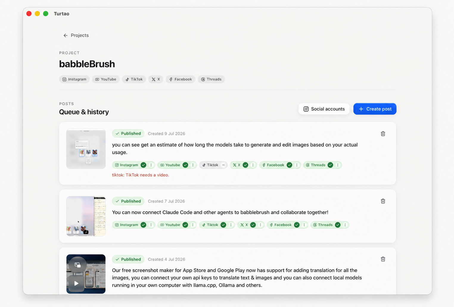 Turtao para Mac a mostrar a fila e o histórico de publicação de um projeto